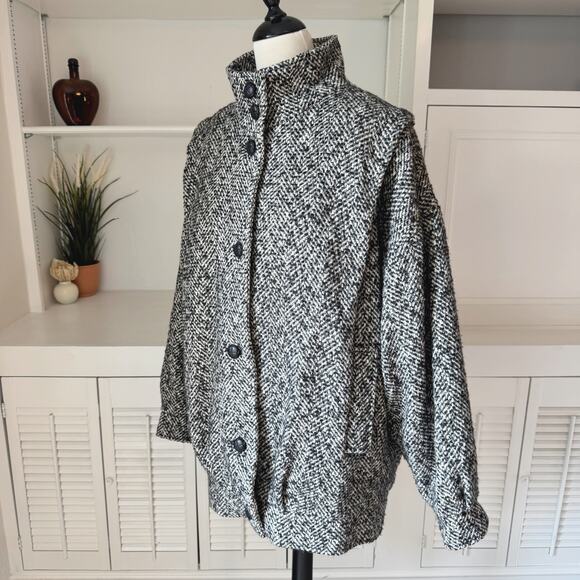 Vintage 80s 90s Deb Black White Wool Herringbone Tweed Jacket Size M/L - Picture 2 of 10